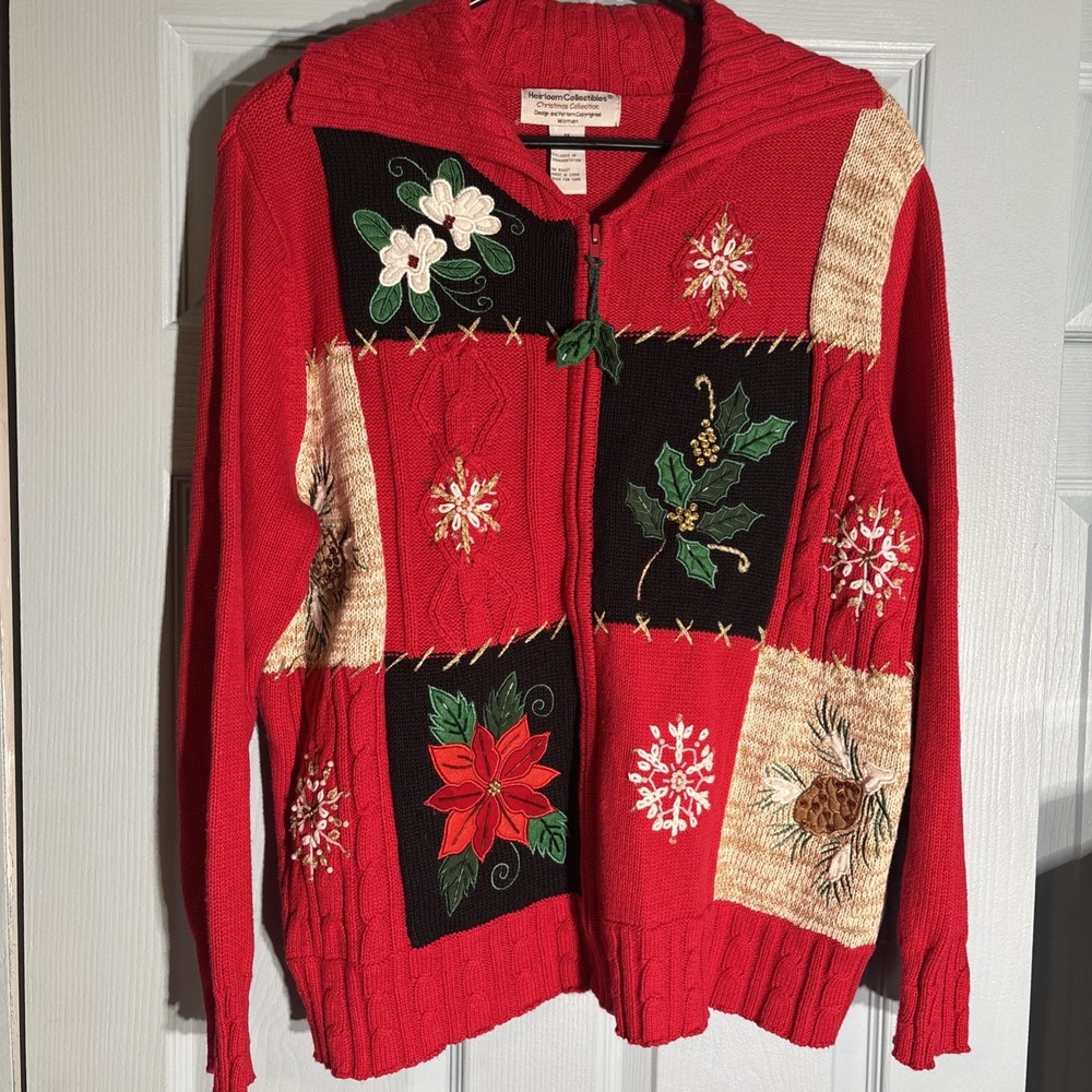 Heirloom Collectibles Christmas Sweater Womens XL Full Zip Cardigan Beaded